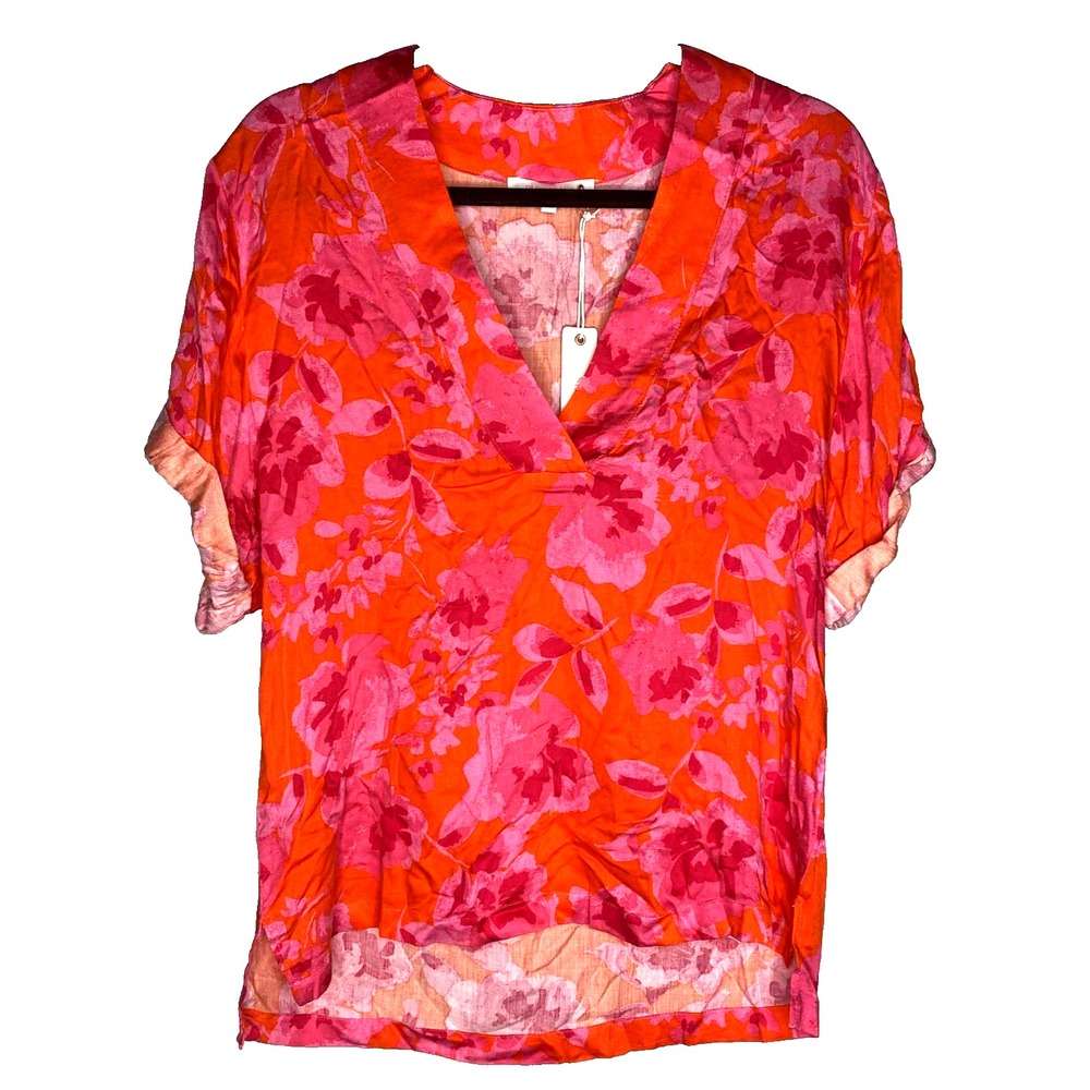 Oliveaceous blouse cuffed sleeve bright pink & Orange Floral Print Size small